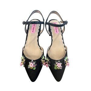 Vintage Betsey Johnson Embellished Floral Pointed Heels Womens Size 6M Black Mul